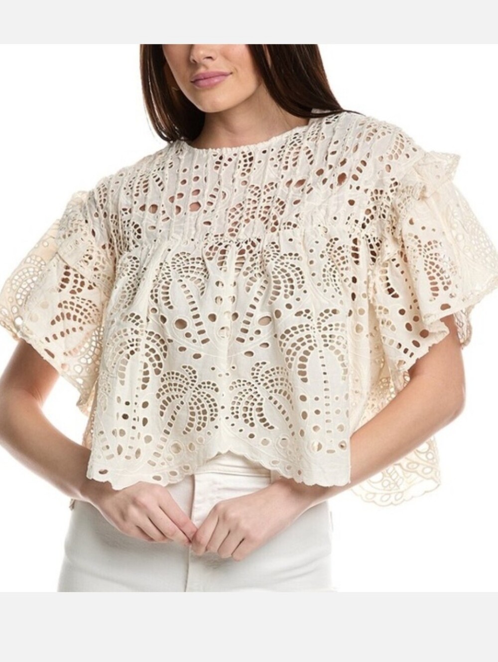 FARM RIO Richilier Palm Tree Cut Work Blouse Cream M NWT RARE